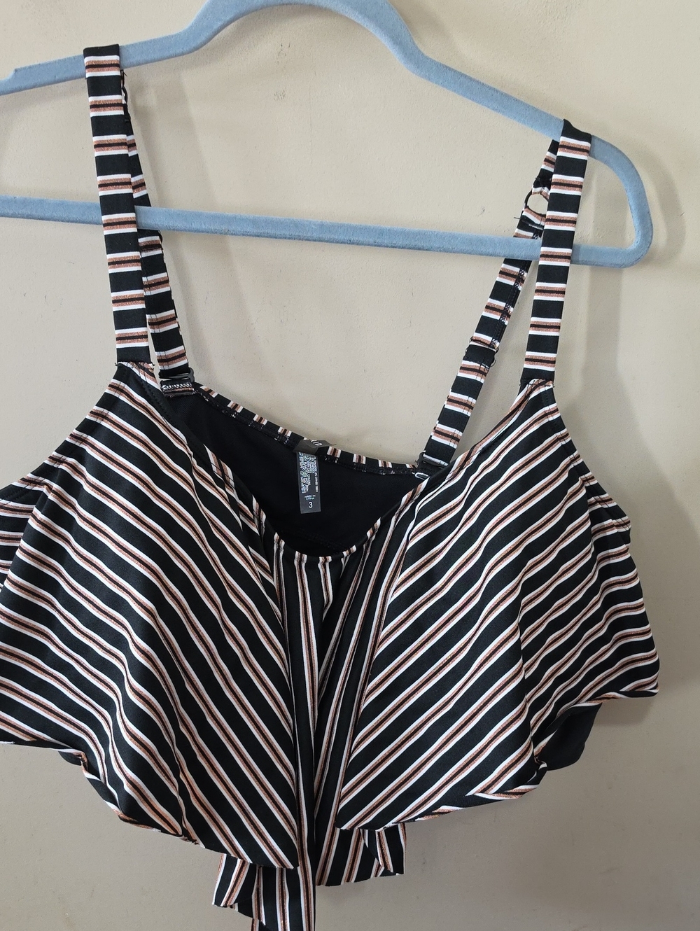 torrid Black Striped Tie-Front Swim Top with Cream & Pink Stripes
